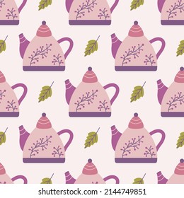 Ceramic teapot decorated with twig with berries, vector seamless pattern on pink background.