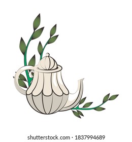 ceramic teapot drink with leafs plant vector illustration design