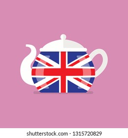 Ceramic teapot with flag of Great Britain. Flat style vector illustration.