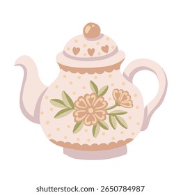 Ceramic teapot with flower and polka dot pattern in cute cartoon style. Hand drawn vector illustration in beige color. Great for kitchen card design or cafe branding and homeware themed project.