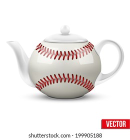 Ceramic teapot in the form of baseball ball. Sport Vector illustration. Isolated of background.