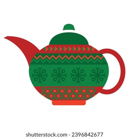 Ceramic teapot with handle with Norwegian national holiday pattern in red and green colors. Ceramic teapot in handmade knitted ornate style. Simple flat vector isolated on white background