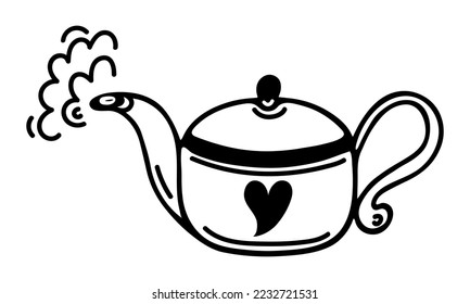 Ceramic teapot with hot tea. Simple vector icon. Hand drawn doodle isolated on white background. Kitchen kettle with a heart, steam comes out of the spout. Flat cartoon clipart for menu design, prints