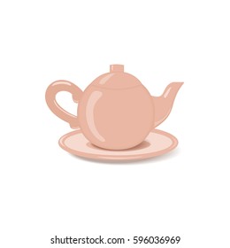 Ceramic teapot icon. Porcelain teakettle of classic shape with saucer isolated on white. Freehand drawn cartoon style. Teatime accessories concept. Tableware for tea drink. Vector element background