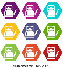Ceramic teapot icons 9 set coloful isolated on white for web
