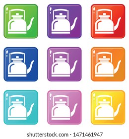 Ceramic teapot icons set 9 color collection isolated on white for any design