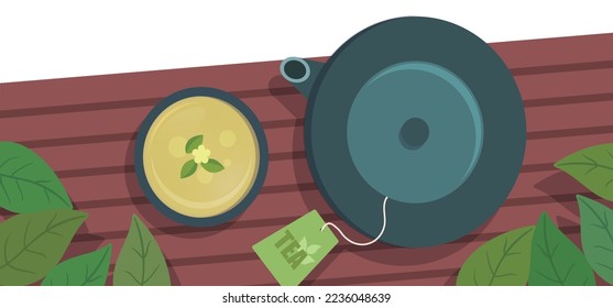 Ceramic teapot of illustration, teacups with dried loose tea leaves on the table . Asian tea ceremony elements isolated background.