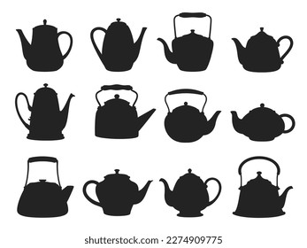 Ceramic teapot and kettle silhouettes. Vector kitchen crockery, black coffee or tea pots for hot drinks or beverages. Isolated set of retro tableware, handmade pottery or vintage household utensils