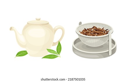 Ceramic Teapot or Kettle with Spout and Dry Fermented Leaves for Beverage Preparation Vector Set