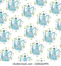 Ceramic teapot with leaf and flower ornament in classic style on cute pattern