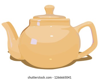 Ceramic teapot is light orange. Kettle for brewing tea. A tea kettle with a lid and a clay handle. Kettle round for tea drinking.