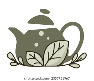 Ceramic teapot with mint leaves, isolated tasty liquid with herbs. Herbal beverage brewed in kettle with lid and handle. Breakfast or lunch, restaurant or cafe assortment. Vector in flat style