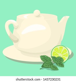 Ceramic Teapot with mint Tea and Green Leaves
