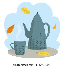 
Ceramic teapot and mug with a hot drink on the background of falling leaves. Flat cartoon colorful vector illustration in hygge style.