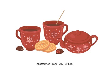 Ceramic teapot and mugs for cozy winter tea time. Cookies, chocolate coffees. Isolated vector colorful element.
