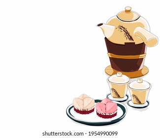 A Ceramic Teapot on the tea stove and a couple of ceramic tea cup with a dish of Fa Gao steamed cake. Isolated retro tea set on white background. Close up drawing vector illustration.