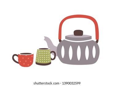 Ceramic teapot and pair of cups or mugs in hygge style isolated on white background. Delicious hot drink, natural beverage. Decorative design elements. Flat cartoon colorful vector illustration.