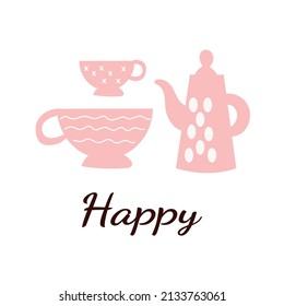 Ceramic teapot and pair of cups or mugs in hygge style isolated. Tea ware set.