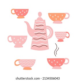 Ceramic teapot and pair of cups or mugs in hygge style isolated. CuteTea ware set.