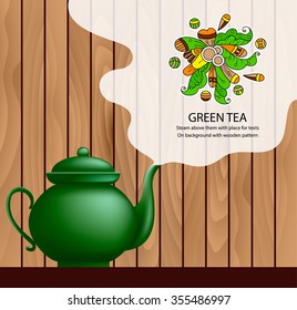 Ceramic teapot photo-realistic vector illustration of a vapor above them with a place for text on wooden background with pattern. Green tea