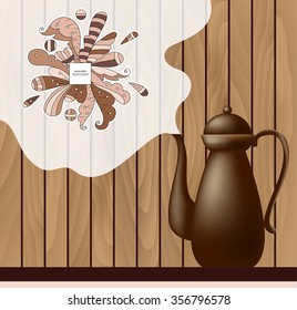 Ceramic teapot photo-realistic vector illustration of a vapor above them with a place for text on wooden background with pattern. 