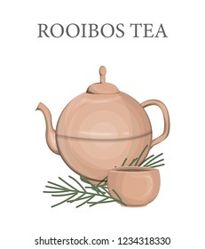 Ceramic teapot with rooibos tea and cup full of hot drink. Healthy aroma tea with natural ingredient. Isolated flat vector illustration