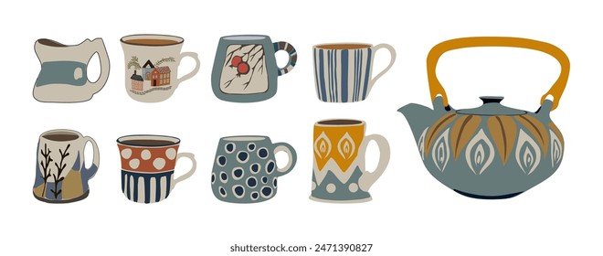 Ceramic teapot and set of different cups, mugs with coffee, tea drinks. Decorative design elements. Hand drawn Flat cartoon colorful vector illustration isolated on white background. 