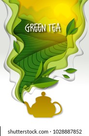 Ceramic teapot with spilling aromatic green tea and tea leaves. Vector illustration in paper art style.