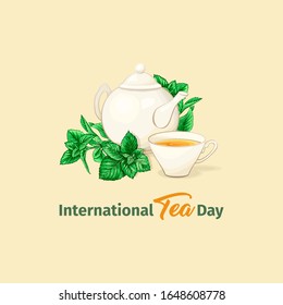 Ceramic Teapot and Tea cup. Mint Tea and Green Leaves. Isolated and Detailed Herbal Vector Illustration. Marker Hand Drawn Illustration. Porcelain Service for Banner Design, Restaurant Menu.