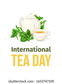 Té y tetera cerámica. Té de menta y hojas verdes. Ilustración de vectores herbales aislados y detallados. Ilustración dibujada a mano del marcador. Servicio de Porcelana para Diseño de Banner, Menú Restaurante.