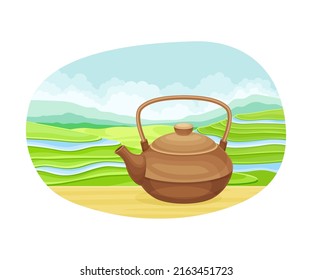 Ceramic Teapot with Tea Hot Aromatic Beverage Brewing and Green Terrace Field Plantation Vector Illustration