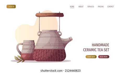 Ceramic teapot with teacup. Tea shop, cafe-bar, tea lover, tea party, ceramics, pottery concept. Vector illustration for poster, banner, website, menu, advertising. 