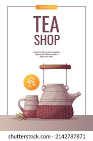 Ceramic teapot with teacup. Tea shop, cafe-bar, tea lover, tea party, ceramics, pottery concept. A4 vector illustration for poster, banner, flyer, menu, advertising. 