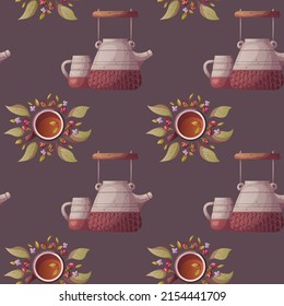 Ceramic teapot and teacups, seamless pattern. Tea shop, cafe-bar menu, tea party, beverages concept. Perfect for product design, scrapbooking, textile, wrapping.