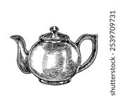 Ceramic teapot. Vector graphic image of kitchen utensils. Black and white hand-drawn illustration. On a white background. A design element of a cafe, restaurant, menu, recipe book and more.