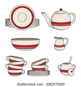 Ceramic tea-set with red stripe. Kitchenware.
