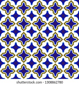 ceramic Thai pattern benjarong style, seamless porcelain blue and gold background, pottery modern design, chinaware backdrop, fabric texture flower decor, vector illustration