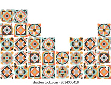 Ceramic tile abstract pattern. Geometric simple motif. Mexican talavera, portuguese azulejo or spanish majolica. Old grunge background with chipped enamel tile.