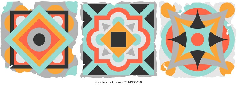 Ceramic tile abstract pattern. Geometric simple motif. Mexican talavera, portuguese azulejo or spanish majolica. Old grunge background with chipped enamel tile.