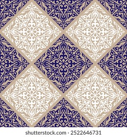 Ceramic tile with blue, gold, white ornaments. Geometric Seamless Pattern Arabesque, ceramic, patchwork. Azulejos portugal, Turkish ornament, spanish, Moroccan tile mosaic, Talavera ornament.