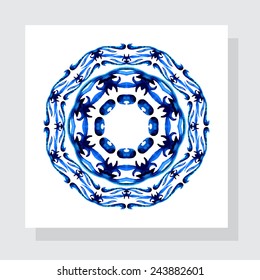 ceramic tile, in blue-white style .Floral circle pattern. Nice hand paint wreath. Isolated on grey background 