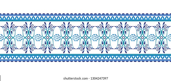 Ceramic tile border pattern. Islamic, indian, arabic motifs. Damask border seamless pattern. Porcelain ethnic bohemian background.  Abstract flower. Vector illustration