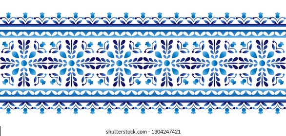 Ceramic tile border pattern. Islamic, indian, arabic motifs. Damask border seamless pattern. Porcelain ethnic bohemian background.  Abstract flower. Vector illustration