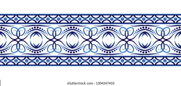 Ceramic tile border pattern. Islamic, indian, arabic motifs. Damask border seamless pattern. Porcelain ethnic bohemian background.  Abstract flower. Vector illustration