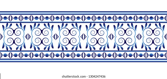 Ceramic tile border pattern. Islamic, indian, arabic motifs. Damask border seamless pattern. Porcelain ethnic bohemian background.  Abstract flower. Vector illustration