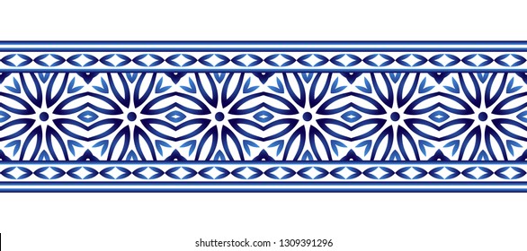 Ceramic tile border pattern. Islamic, indian, arabic motifs. Damask border seamless pattern. Porcelain ethnic bohemian background.  Abstract flower. Vector illustration