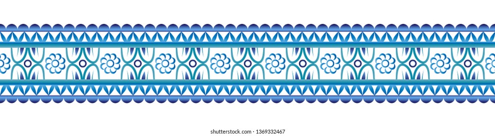 Ceramic tile border pattern. Islamic, indian, arabic motifs. Damask border seamless pattern. Porcelain ethnic bohemian background.  Abstract flower. Vector illustration