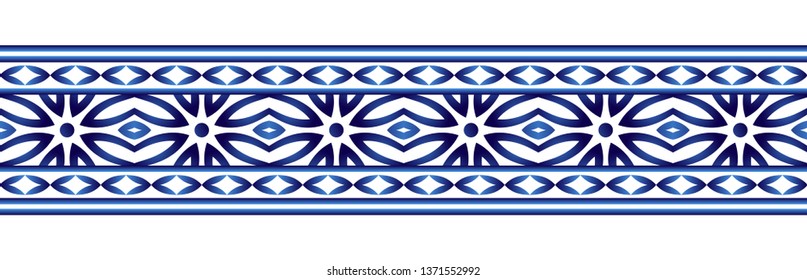 Ceramic tile border pattern. Islamic, indian, arabic motifs. Damask border seamless pattern. Porcelain ethnic bohemian background.  Abstract flower. Vector illustration