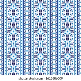 Ceramic tile border pattern. Islamic, indian, arabic motifs. Damask border seamless pattern. Porcelain ethnic bohemian background.  Abstract flower. Vector illustration