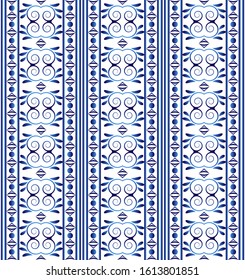 Ceramic tile border pattern. Islamic, indian, arabic motifs. Damask border seamless pattern. Porcelain ethnic bohemian background.  Abstract flower. Vector illustration